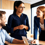 **

**Prompt:** Diverse group of professionals collaborating harmoniously in a modern office, showcasing effective communication and empathy. Soft, warm lighting, emphasis on positive body language and active listening. Elements representing innovation and teamwork in the background.

**