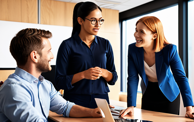 **
**Prompt:** Diverse group of professionals collaborating harmoniously in a modern office, showcasing effective communication and empathy. Soft, warm lighting, emphasis on positive body language and active listening. Elements representing innovation and teamwork in the background.
**