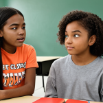 **A group of diverse students in a safe and inclusive classroom:** Students are participating in a collaborative project, demonstrating active listening, empathy, and respect. The environment is warm, welcoming, and fosters emotional security.