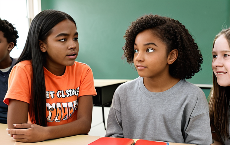 **A group of diverse students in a safe and inclusive classroom:** Students are participating in a collaborative project, demonstrating active listening, empathy, and respect. The environment is warm, welcoming, and fosters emotional security.