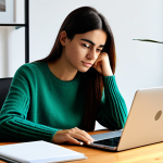 A professional young adult Portuguese woman with a thoughtful and engaged expression, looking directly at a laptop screen, demonstrating authentic digital connection. She is seated comfortably at a clean, contemporary wooden desk in a well-lit, minimalist home office. A small, vibrant green plant is visible in the background. She wears a modest, professional sweater in a neutral tone and dark trousers. perfect anatomy, correct proportions, natural pose, well-formed hands, proper finger count, safe for work, appropriate content, fully clothed, professional, family-friendly, high-quality photography, soft natural light, realistic.