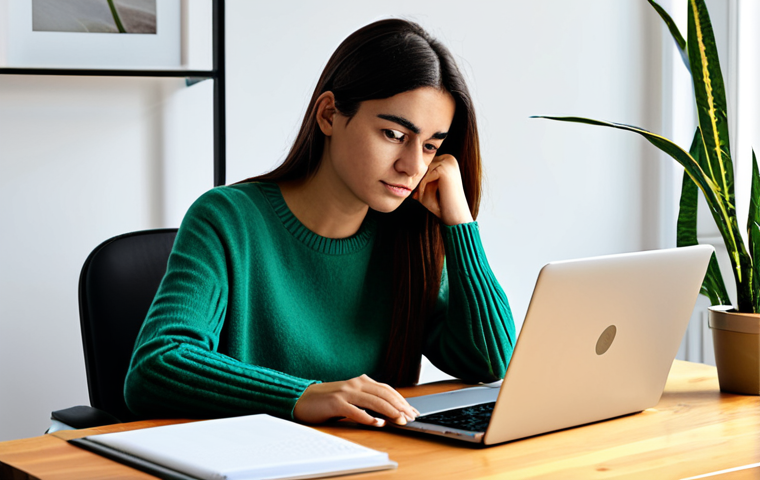 A professional young adult Portuguese woman with a thoughtful and engaged expression, looking directly at a laptop screen, demonstrating authentic digital connection. She is seated comfortably at a clean, contemporary wooden desk in a well-lit, minimalist home office. A small, vibrant green plant is visible in the background. She wears a modest, professional sweater in a neutral tone and dark trousers. perfect anatomy, correct proportions, natural pose, well-formed hands, proper finger count, safe for work, appropriate content, fully clothed, professional, family-friendly, high-quality photography, soft natural light, realistic.