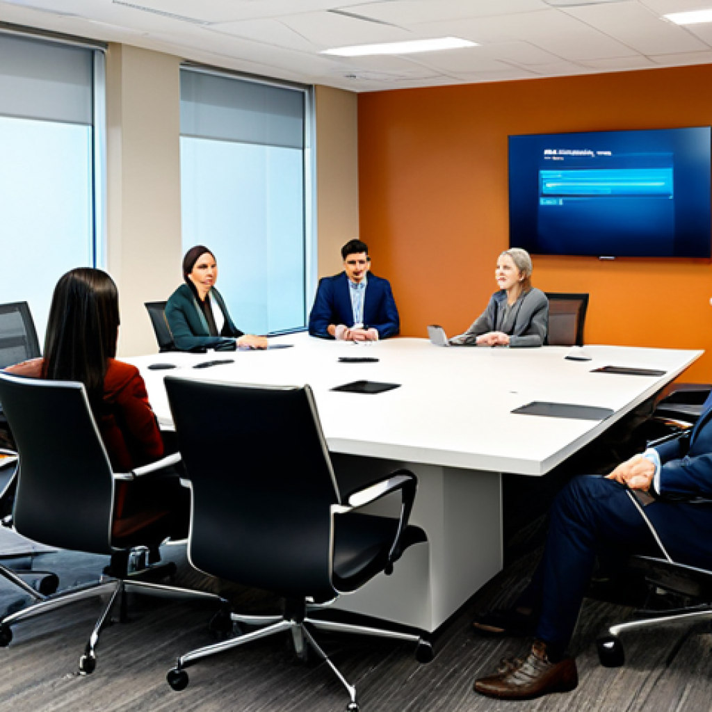A diverse group of professional individuals, fully clothed in modest business attire, are engaged in a collaborative hybrid meeting. Some are seated around a modern conference table with a large screen displaying remote colleagues, who are also professionally dressed and engaged. The atmosphere is positive, showing genuine human connection, active listening, and empathy between participants, bridging the digital divide. The lighting is bright and natural, creating a welcoming and productive environment. This is a safe for work, appropriate content, family-friendly image with perfect anatomy, correct proportions, well-formed hands, proper finger count, and natural body proportions, captured in professional photography, high quality.
