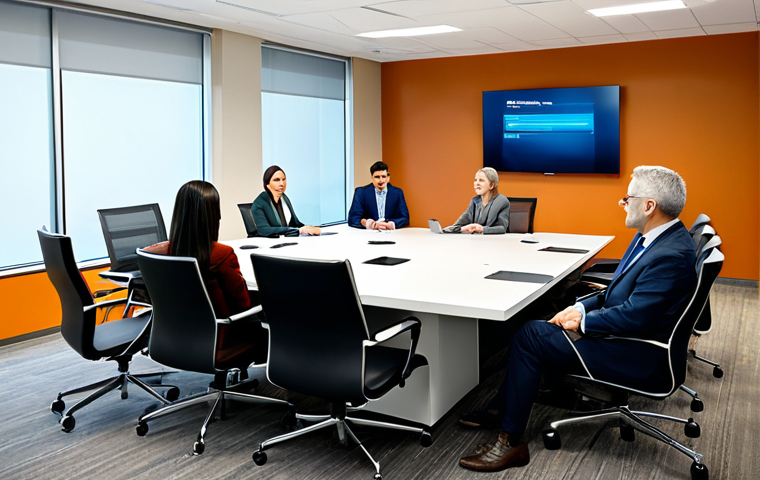 A diverse group of professional individuals, fully clothed in modest business attire, are engaged in a collaborative hybrid meeting. Some are seated around a modern conference table with a large screen displaying remote colleagues, who are also professionally dressed and engaged. The atmosphere is positive, showing genuine human connection, active listening, and empathy between participants, bridging the digital divide. The lighting is bright and natural, creating a welcoming and productive environment. This is a safe for work, appropriate content, family-friendly image with perfect anatomy, correct proportions, well-formed hands, proper finger count, and natural body proportions, captured in professional photography, high quality.