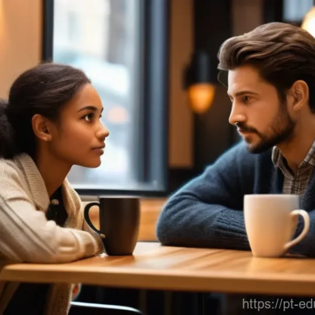 관계기술 교육을 위한 효과적인 커뮤니케이션 전략 - **Prompt: Active Listening and Empathy**
    "Two diverse adults, one male and one female, are seate...