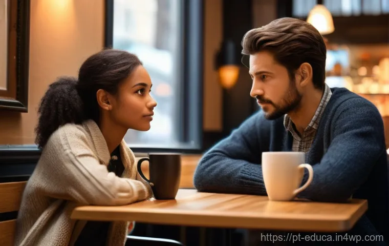 관계기술 교육을 위한 효과적인 커뮤니케이션 전략 - **Prompt: Active Listening and Empathy**
"Two diverse adults, one male and one female, are seate...