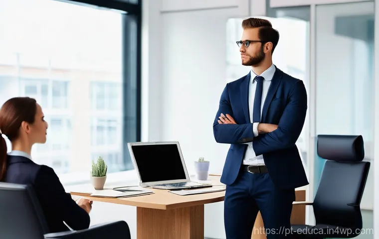 관계기술 교육을 위한 효과적인 커뮤니케이션 전략 - **Prompt: Active Listening and Empathy**
    "Two diverse adults, one male and one female, are seate...