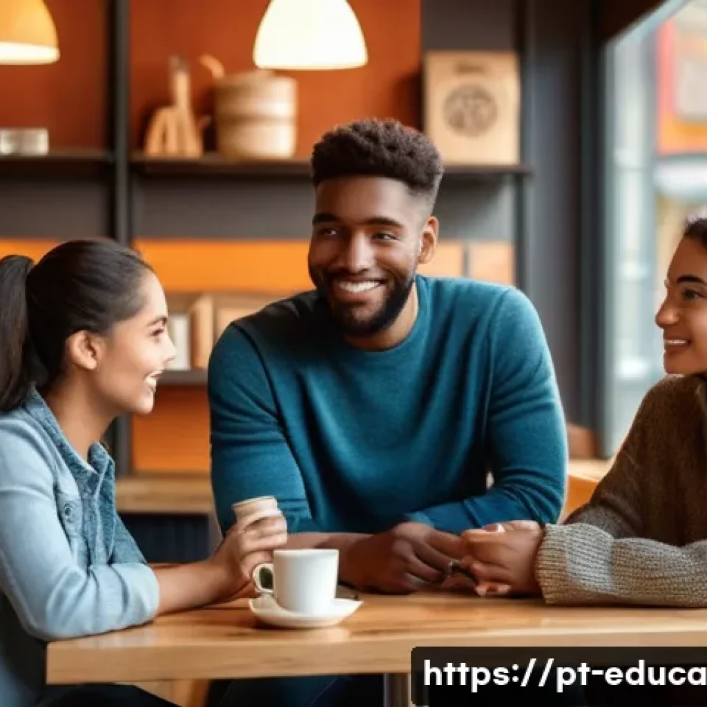 관계기술 교육에서의 인사이트 발굴 - **Prompt:** A diverse group of three young adults (two women, one man) in a brightly lit, cozy coffe...