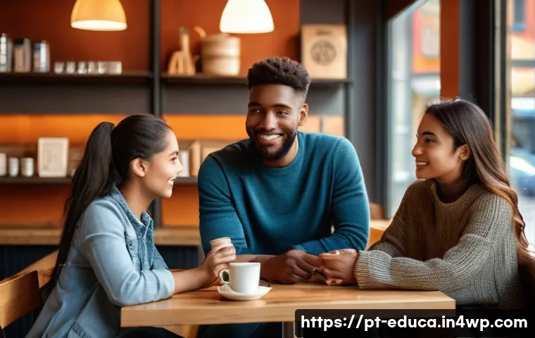 관계기술 교육에서의 인사이트 발굴 - **Prompt:** A diverse group of three young adults (two women, one man) in a brightly lit, cozy coffe...