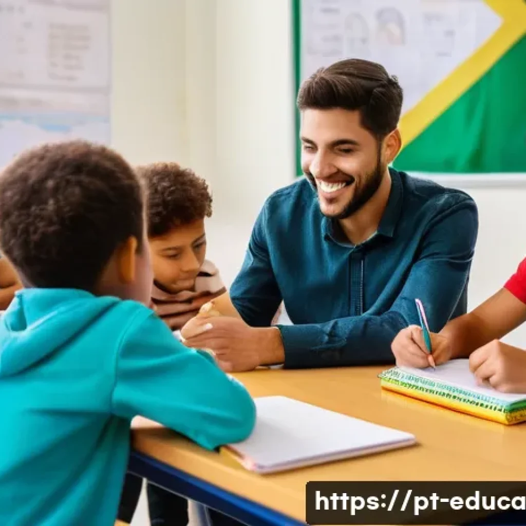 관계기술 교육을 위한 교육자 세미나 - A modern classroom scene in a Brazilian school setting, showing a diverse group of educators and stu...