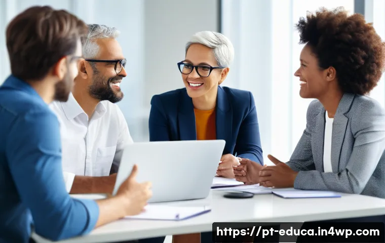 관계기술 교육에서의 효과적인 그룹 토론 - A diverse group of adults seated around a modern conference table in a bright, comfortable meeting r...