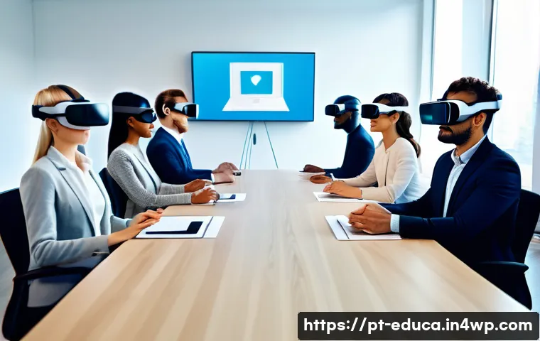 관계기술 교육을 위한 도구 - A modern virtual reality training room where diverse professionals engage in a simulated business me...
