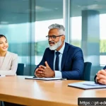 Home 23 관계기술 교육의 다양한 접근 방법 - A diverse group of professionals sitting around a modern conference table in a bright, airy office, ...
