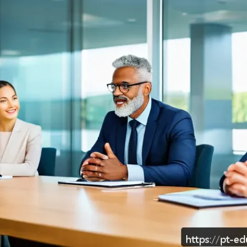 Home 17 관계기술 교육의 다양한 접근 방법 - A diverse group of professionals sitting around a modern conference table in a bright, airy office, ...